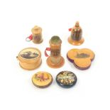 Mauchline Ware _ sewing _ seven pieces comprising a trefoil pincushion (Cuckfield Church), 5.5cm,