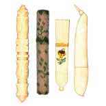 Four needlecases comprising a well carved ivory example, 6cm, another as a pea pod, 9.5cm, another