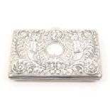 A Victorian silver visiting card case hinged to one long side, heavily embossed with mermaids,