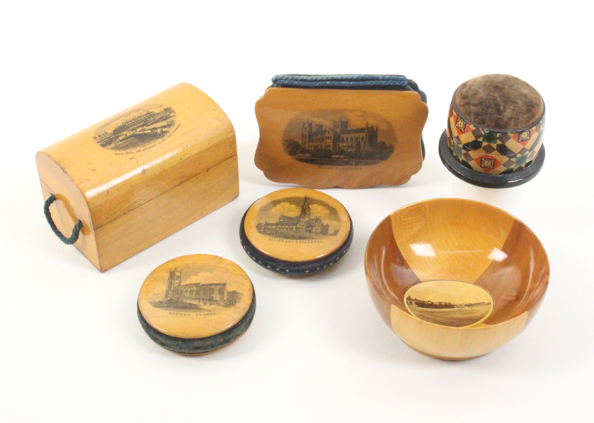 Mauchline Ware _ six pieces comprising a wool bowl in alternate segments (Exmouth _ photographic),
