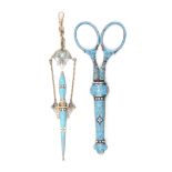 A pair of Norwegian turquoise and white enamel scissors in sheath and a similar pendant seam knife