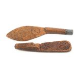 Two 19th Century wooden knitting sheaths, Dutch, comprising a tapering example with typical all over