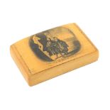 A Mauchline ware snuff box, the lid with printed scene titled ïCome away do, what are you staring