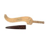 Two knitting sheaths, comprising a curved pale wood example, dated and initialled ñ1904 _ J.A.î with