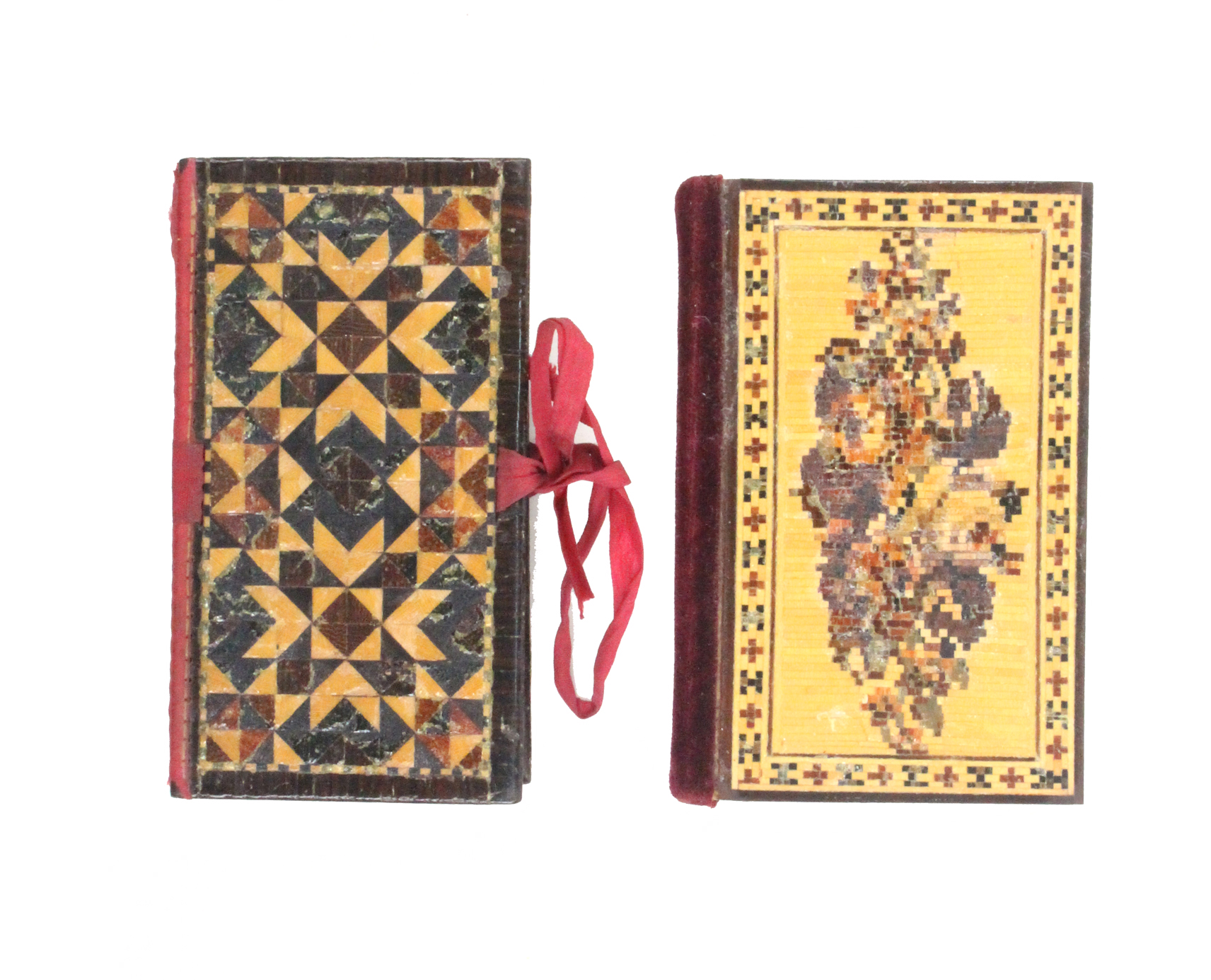 Two Tunbridge ware needle books comprising a floral mosaic example, chequer board interior