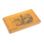 A Mauchline ware snuff box of larger format, the lid with a print of a bolting horse and fallen