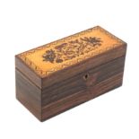 A rosewood Tunbridge ware rectangular box, stickware circular escutcheon, the lid with a panel of