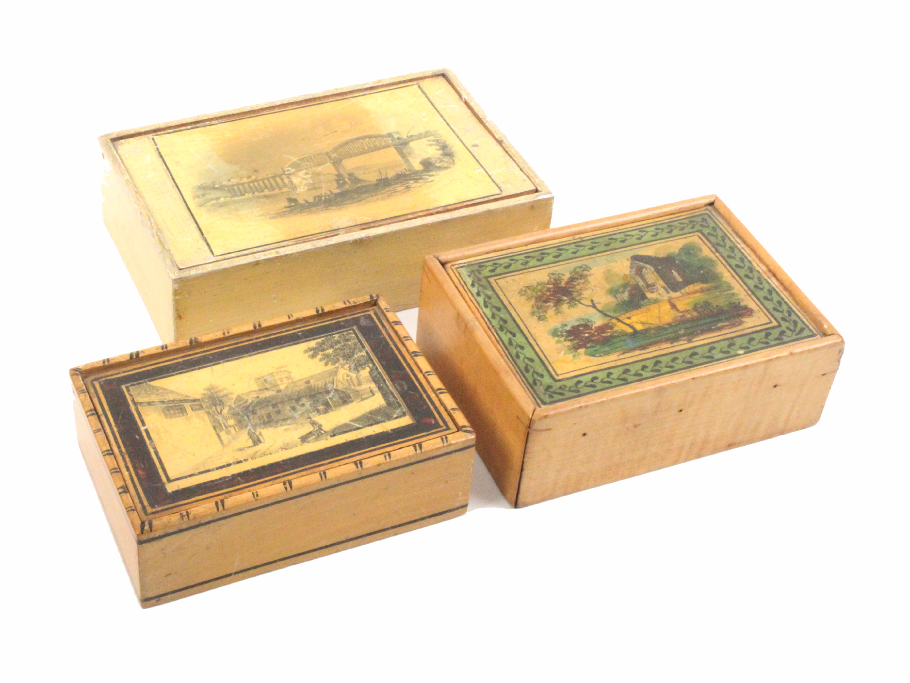 Two Tunbridge ware boxes and a similar example comprising a rectangular reel box, the sliding lid