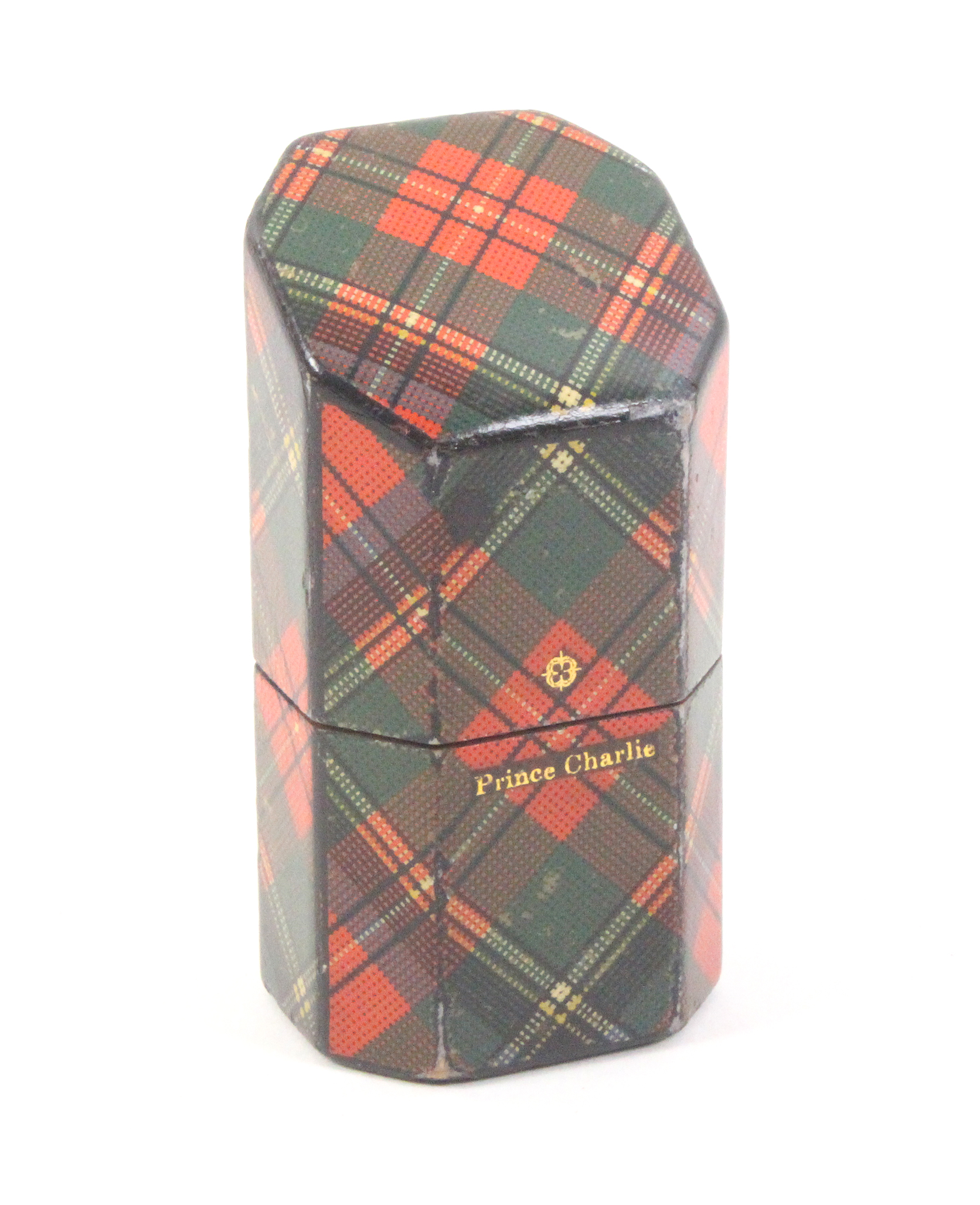 A Tartan Ware slant top needlepacket case (Prince Charlie), of octagonal section, 5.5cm high