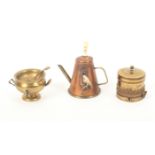 Three metal novelty tape measures comprising a brass soup tureen with ladle, 5.5cm, a lidded