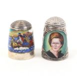 Two English silver and enamel thimbles comprising an example by Peter Swingler ïTo Commemorate