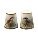 Two Royal Worcester porcelain thimbles, comprising a puce mark example painted with a kingfisher,