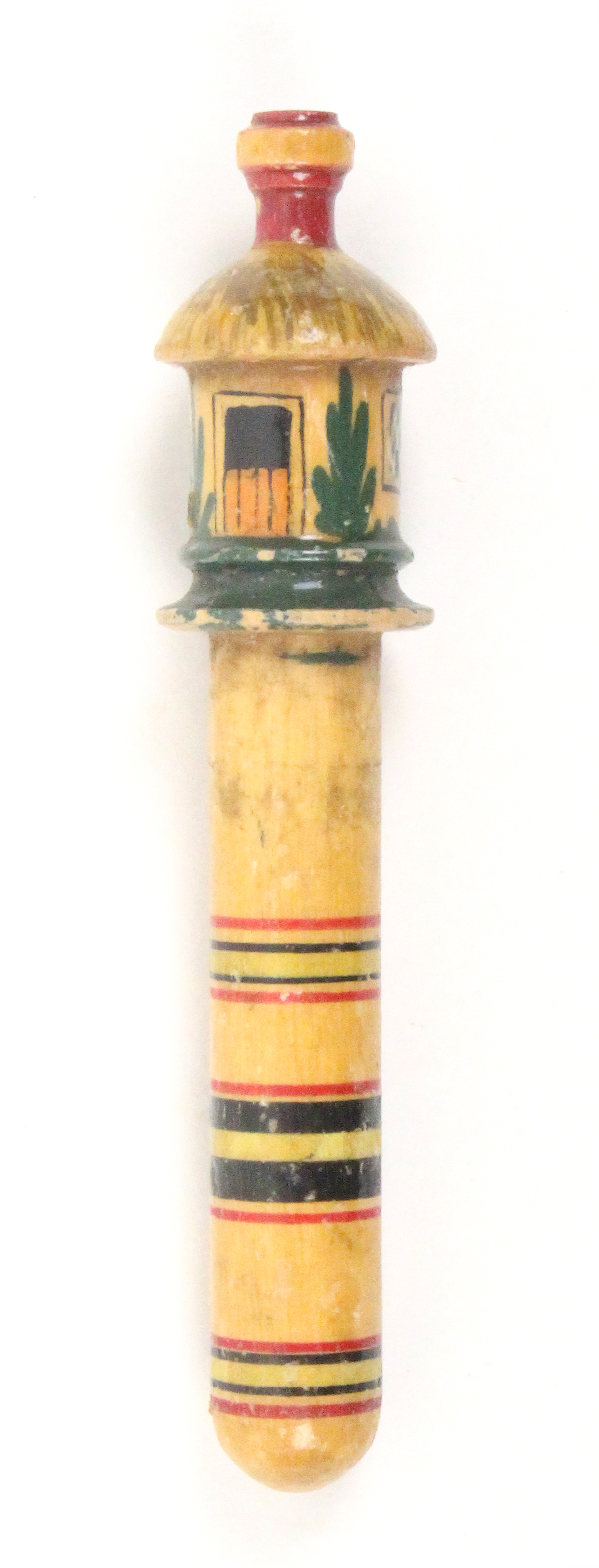 An early 19th Century painted Tunbridge ware cylinder needlecase, the screw top in the form of a