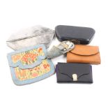 Five small format sewing companions and a purse comprising a blue velvet form example with