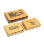 Three Mauchline Ware snuff boxes, all rectangular comprising an example with dog putting up water
