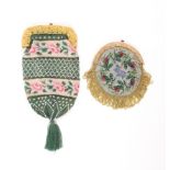 Two 19th Century purses, comprising a knitted green example with bands of floral beadwork and