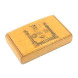 A Mauchline ware Masonic snuff box, the curved lid with a print of Masonic symbols, full length