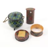 Tartan Ware _ four pieces comprising an oval section drawer form vesta/night light (Grant), 7cm, a