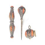 A fine trio of 19th Century silver gilt engraved and coral mounted sewing tools attributed to