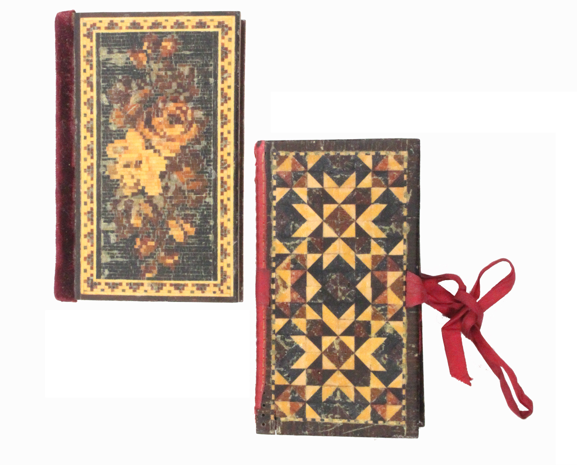 Two Tunbridge ware needle books comprising a floral mosaic example, chequer board interior - Image 2 of 2