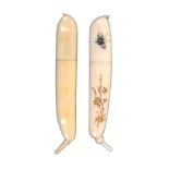 Two ivory pea pod needlecases comprising a plain example, 9.5cm, the other inscribed in script to