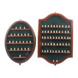 Two inlaid mahogany wall mounting thimble display cases comprising a Silvester type, glazed