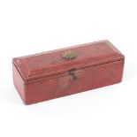 A Georgian red morocco rectangular reel box, chamfered lid with central gilt boss paper lined