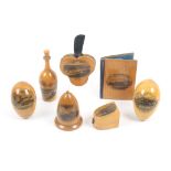 Mauchline ware – sewing – seven pieces comprising a bottle form compendium (Lochgoilhead From South)