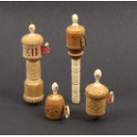 Four vegetable ivory and bone tape measures incorporating Stanhopes comprising a needlecase example,