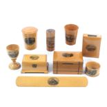 Mauchline ware – nine pieces comprising a rectangular money box (Stone Bow, Linoln) 10.5cm, an egg