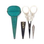 Scissors, a scissor case and sheaths, comprising a late 18th Century shagreen scissor case, 10.