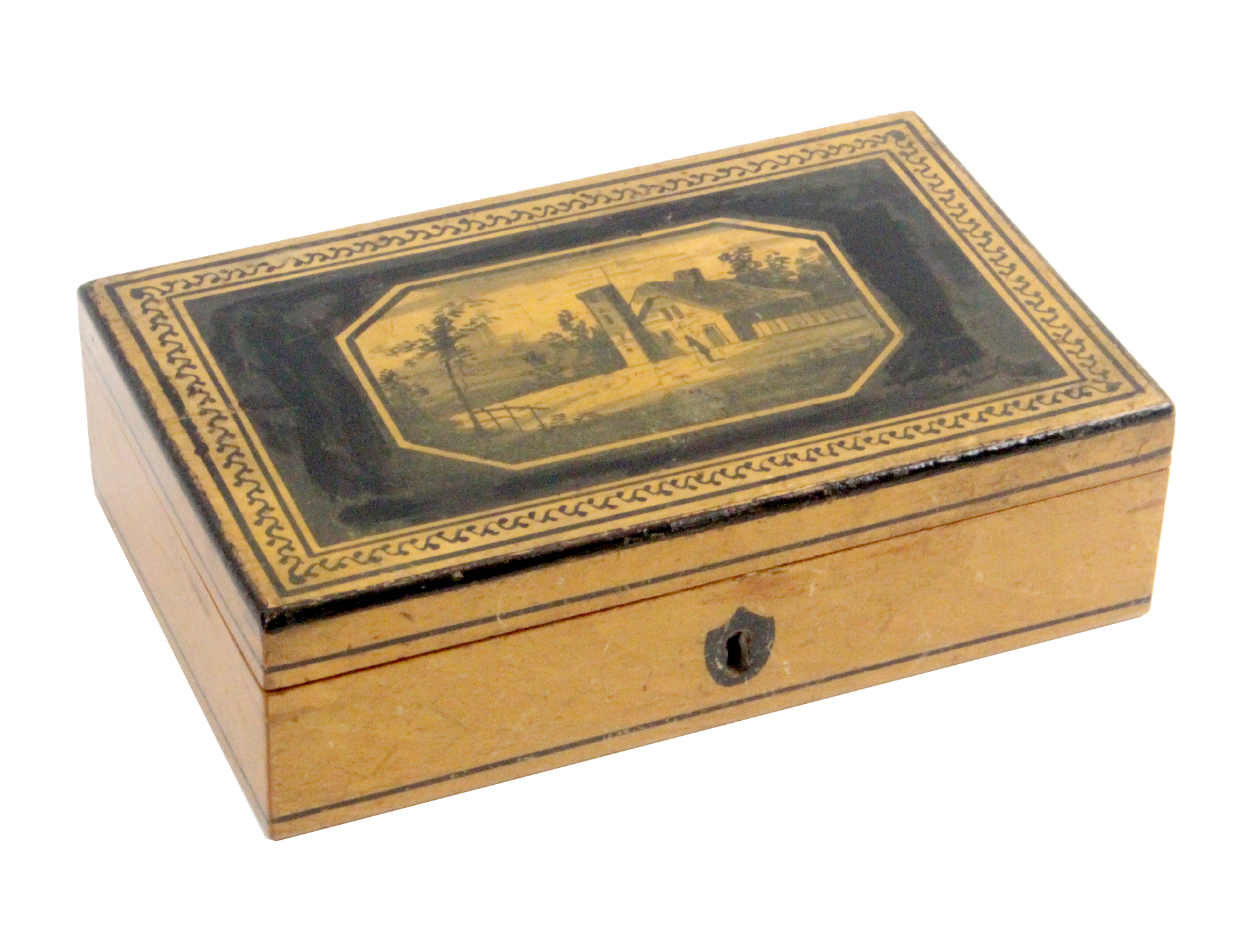A painted Tunbridge ware whitewood rectangular box, the hinged lid with a cut corner panel painted