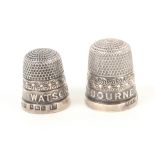 Two English silver thimbles, with raised letter borders comprising “Eastbourne” and ‘Watson-