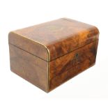 A Victoria burr walnut and brass inlaid sewing box the lid with a brass shield and scroll