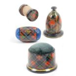 Tartan ware – sewing – four pieces comprising a cylinder box form pin cushion (M’Pherson), 5cm