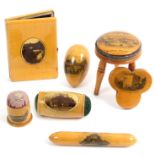 Mauchline ware – sewing – seven pieces comprising a three-legged stool pin cushion (The Market