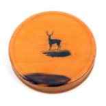 An unusual circular snuff box, Smith, Mauchline, the lid painted with a standing stag, 80%