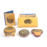 Mauchline ware – sewing – five pieces comprising a three-legged stool pin cushion (Burns’ Cottage,