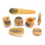 Mauchline ware – seven pieces comprising a whistle (AJC – Lowestoft Church) 7cm, a book mark (