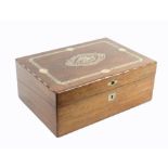 A rosewood and white metal inlaid sewing/writing box the escutcheon engraved “Agnes Child, 1st Jan