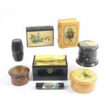 Mauchline ware – sewing – eight pieces comprising a black ground cylinder reel box (A Wish/flowers),