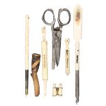 Seven objects incorporating Stanhopes comprising a bone pen/paperknife (five views – Burlogne Sur