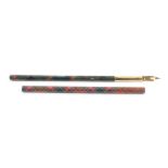 A Tartan ware pen and pencil, both of cylinder form, the pen with polished mount and knib, the