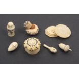 A mixed lot, ivory objects comprising two ivory and cloute work pomanders, another of circular form,