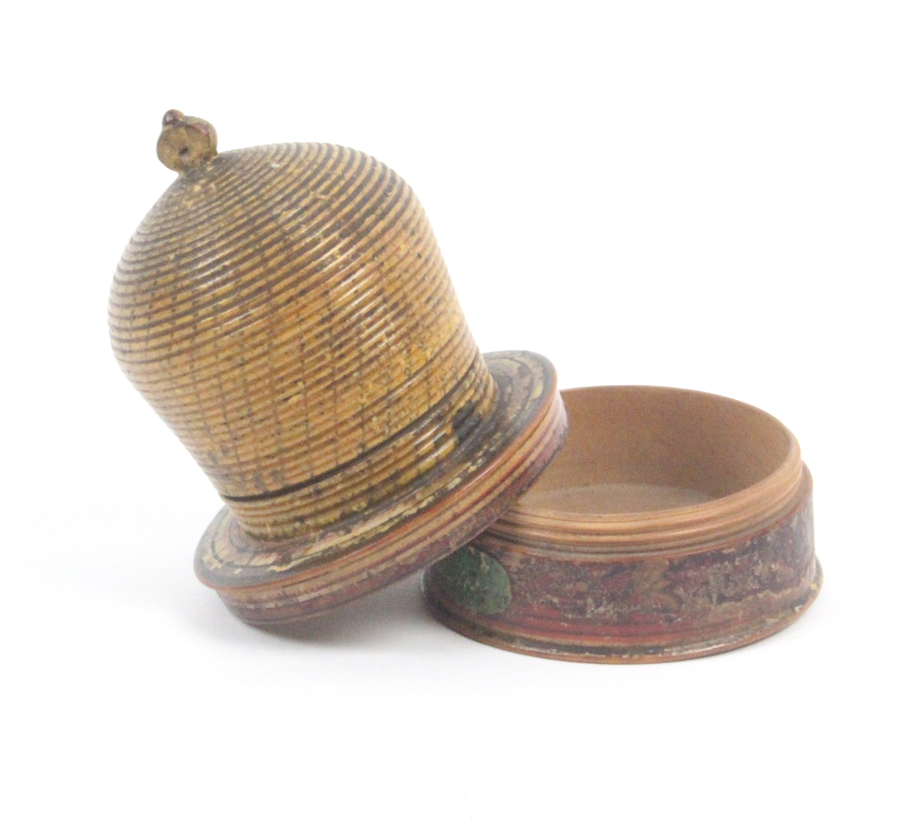 A painted Tunbridge ware pin cushion in the form of a bee skep, on screw off box form base with - Image 2 of 2