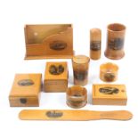 Mauchline ware – ten pieces comprising a letter/postcard holder (The Beach, Mablethorpe), 14.5cm,
