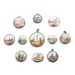 Four reverse glass decorated disc form pincushions, comprising St Pauls Cathedral/Crystal Palace,