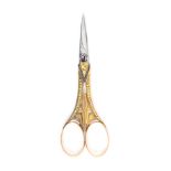 A fine pair of French three colour gold mounted scissors, circa 1800, steel blades, the hinge with