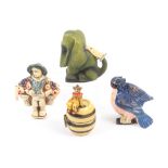 Four novelty celluloid tape measures, comprising a blue parrot, a flower seller, a dog and a