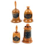 Mauchline ware – sewing – four tape measures comprising a bell shaped example (Haddon Hall), 6.